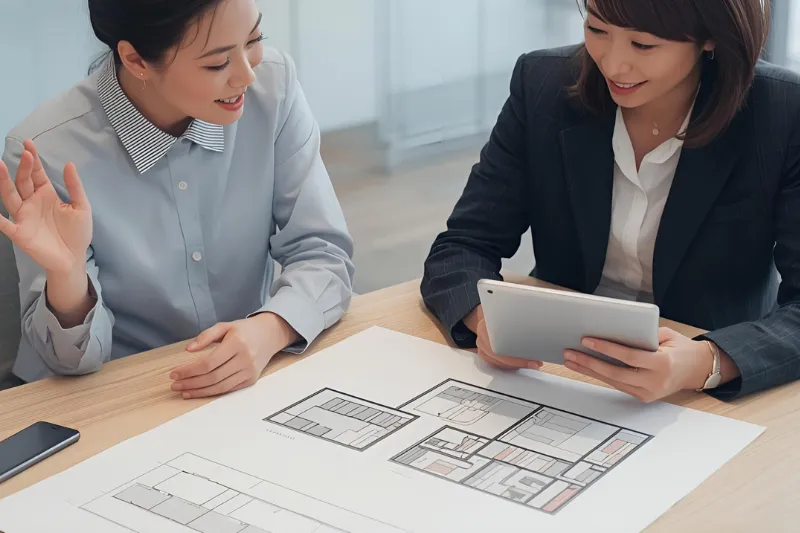 店舗設計について打ち合わせをする。女性2人